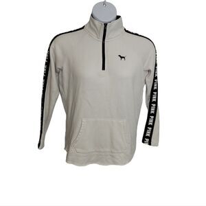 VS PINK sweatshirt white quarter zip spellout logo sleeves‎ loose S